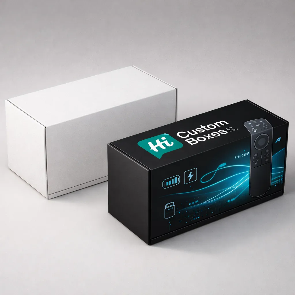 Two sleek horizontal rectangular boxes, one minimalist white and one black with glowing blue tech illustrations. class=